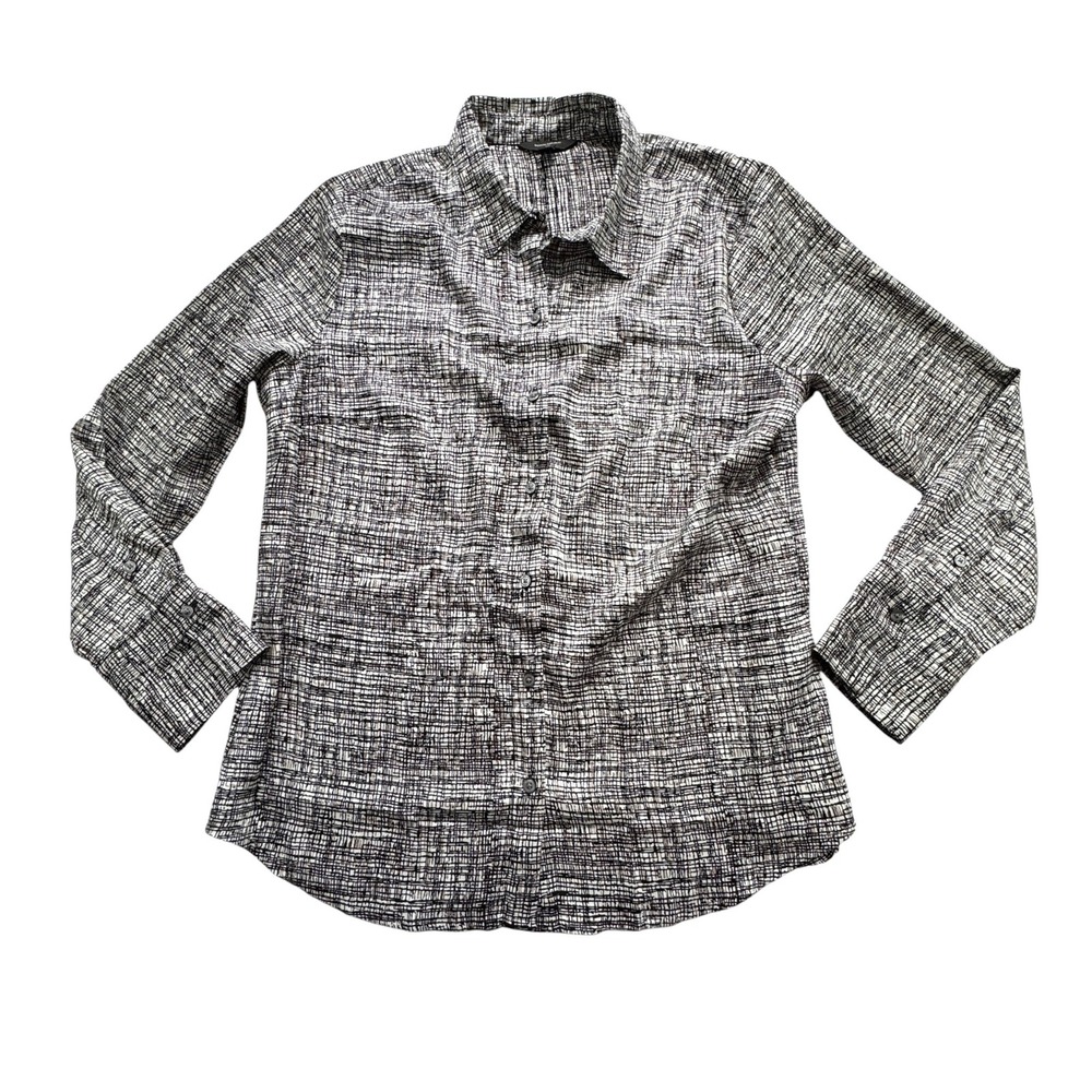 Banana Republic Silky Classic Button Shirt Womens L Black Plaid Blouse Workwear